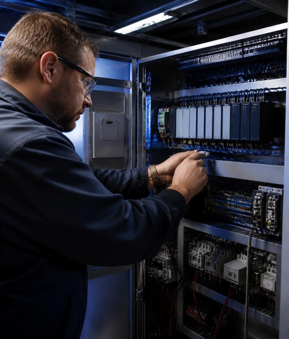 Maintenance technician troubleshooting a PLC control panel
