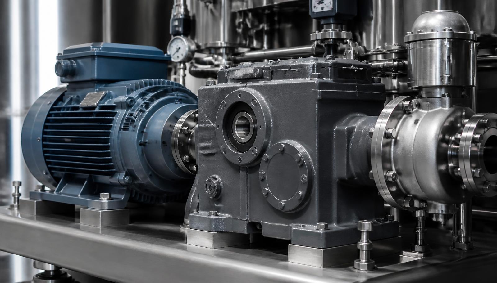 Industrial motor, gearbox and pump assembly on a stainless steel skid